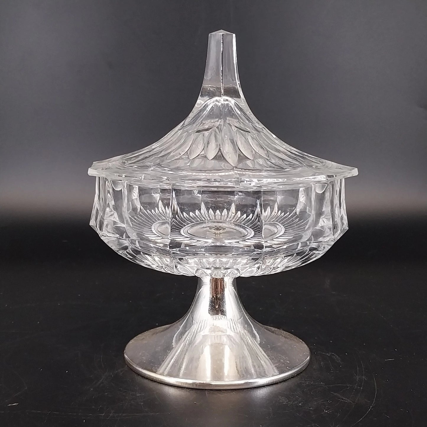 Vintage glass thumbprint candy dish with lid and silver tone base