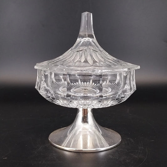 Vintage glass thumbprint candy dish with lid and silver tone base