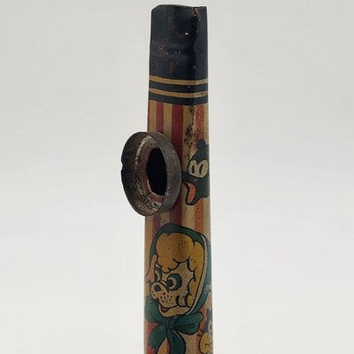 Vintage metal tin kazoo with colorful comic animal characters