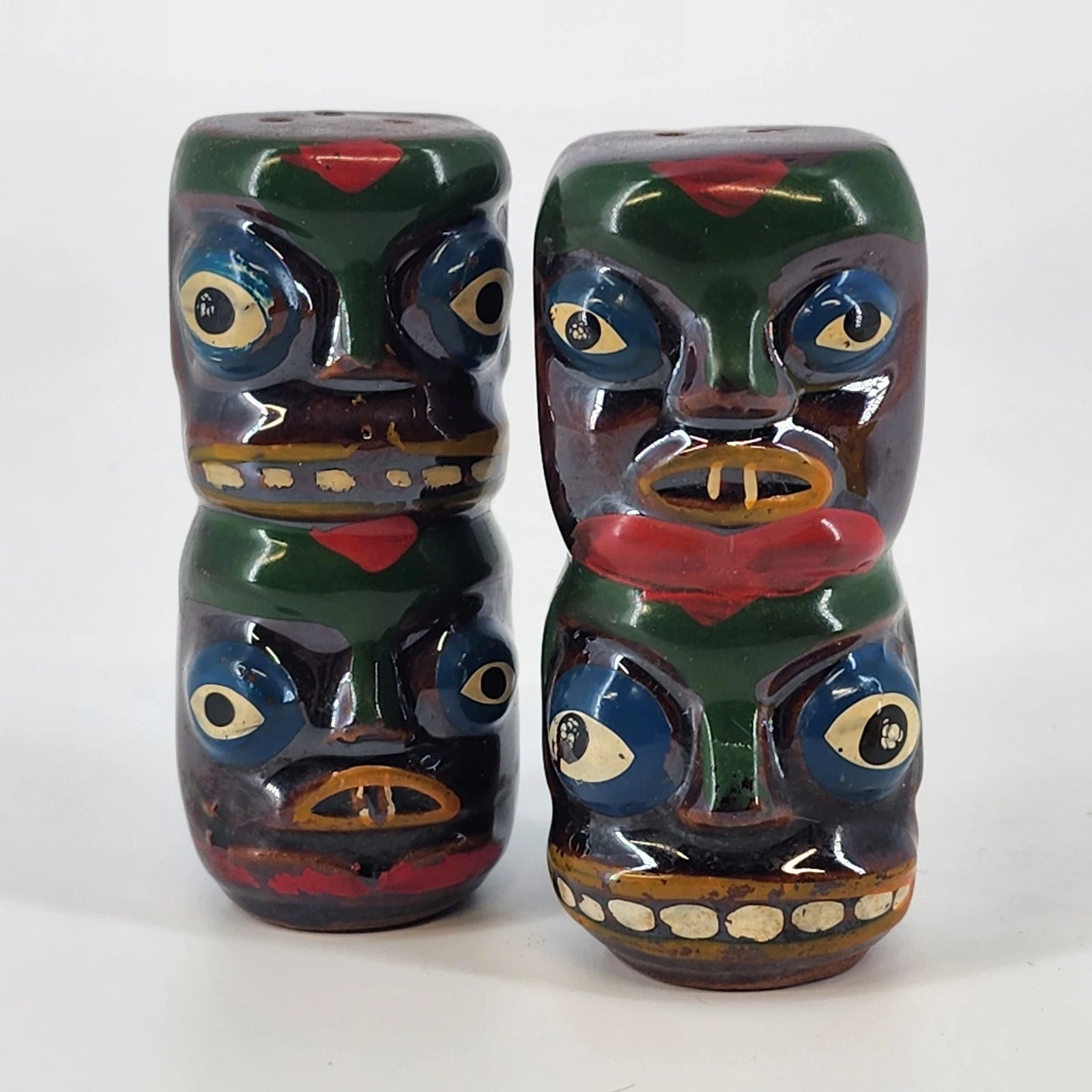 Vintage Japanese Totem Pole ceramic salt and pepper shaker set with brown lustreware finish