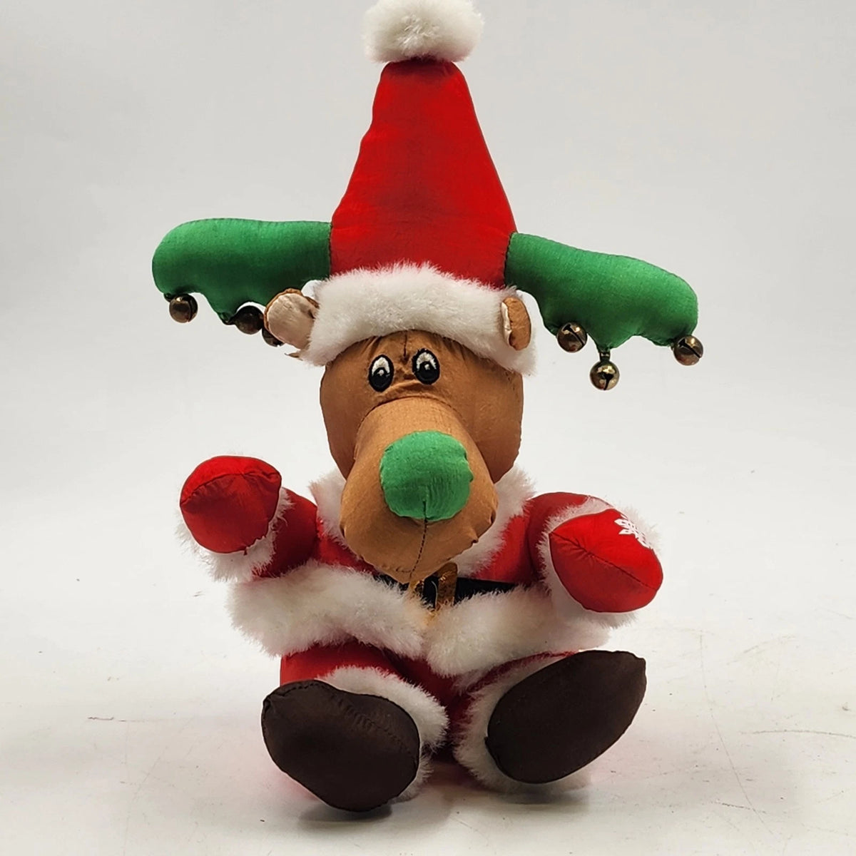 Vintage 1993 Trendmasters reindeer plush wearing Santa outfit with bells