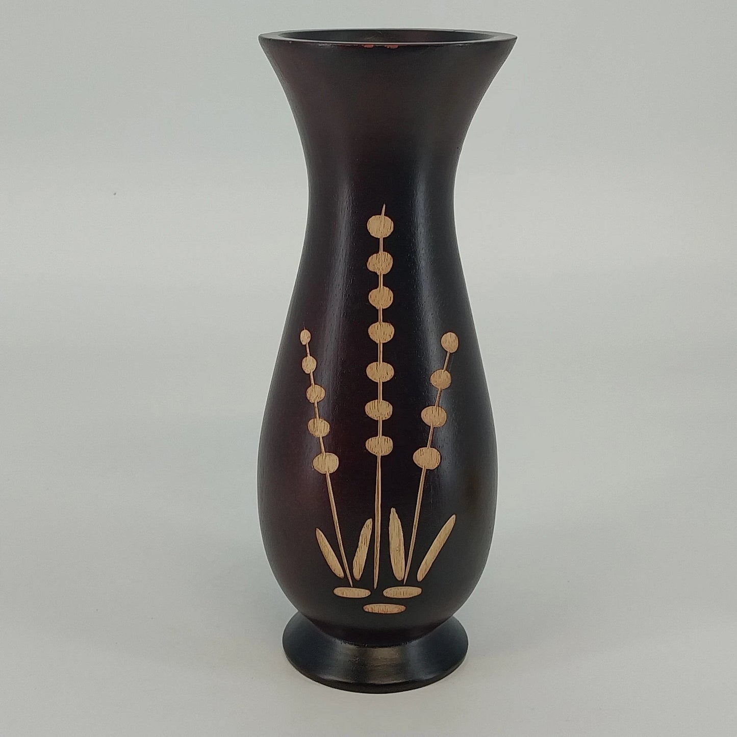 Vintage turned wood vase with botanical inset design