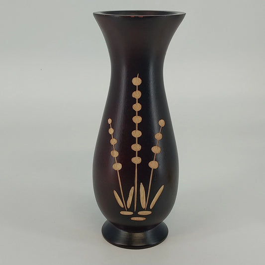 Vintage turned wood vase with botanical inset design