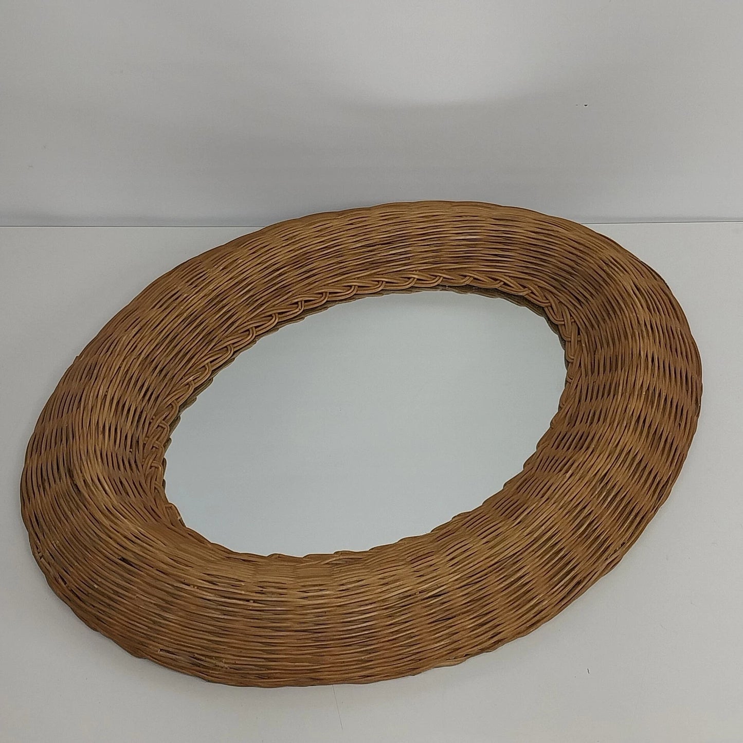 Vintage oval wicker rattan wall mirror with natural woven frame