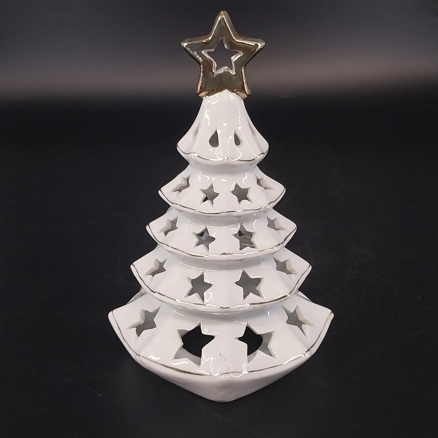 White ceramic Christmas tree tea light holder with gold star