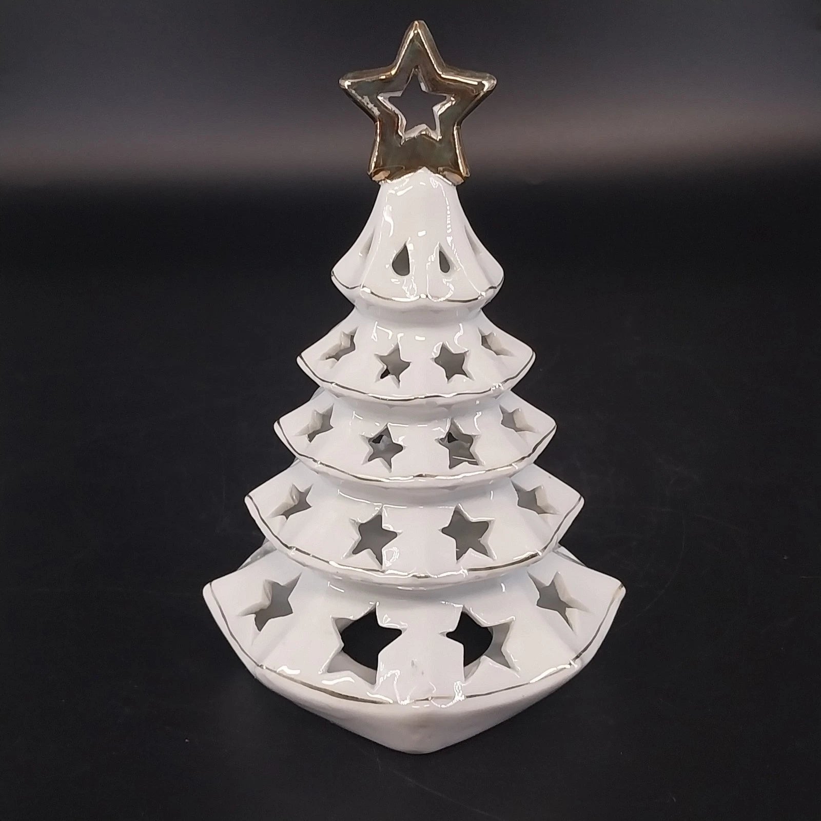 White ceramic Christmas tree tea light holder with gold star
