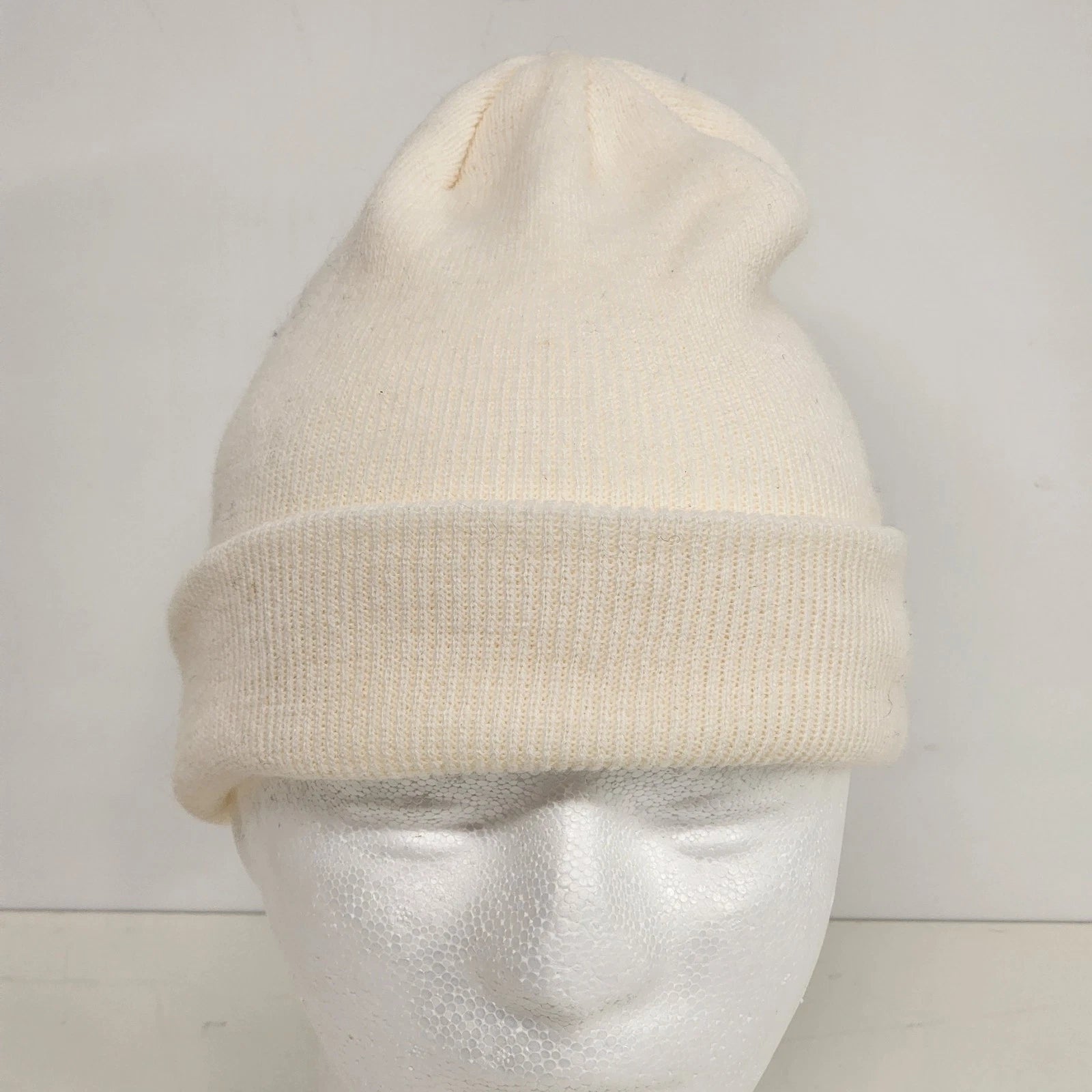 White rib knit fold up cuff winter beanie hat