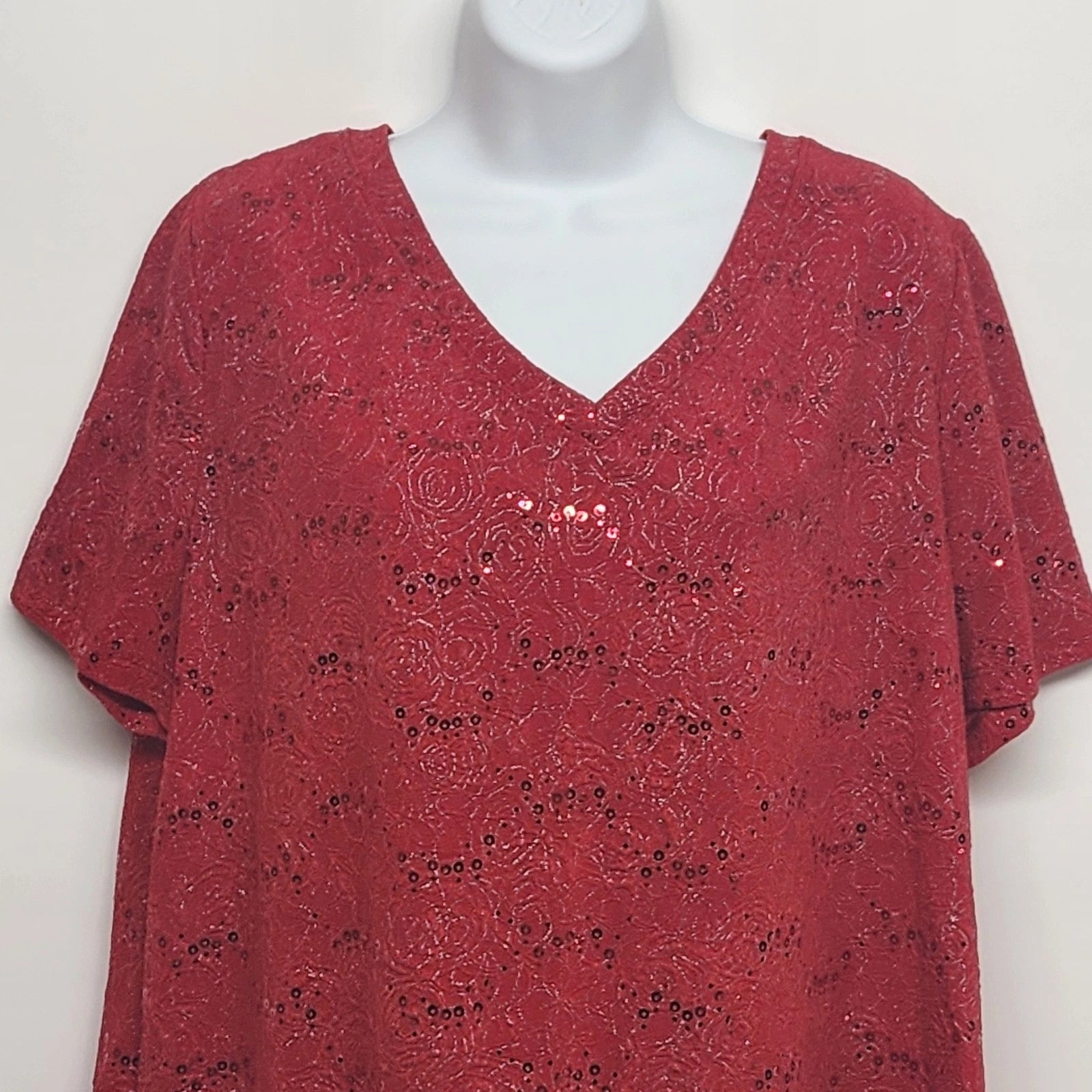 White Stag red sequin blouse V neck