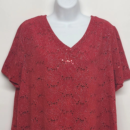 White Stag red sequin blouse V neck