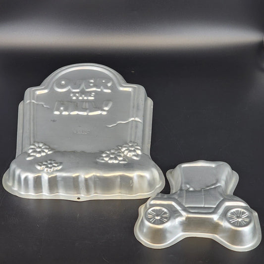 Vintage Wilton aluminum cake pans with Model T car and tombstone molds
