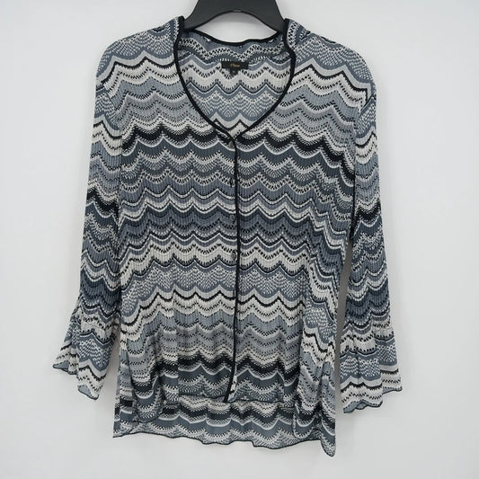Women's black and white chevron pleated blouse with 3/4 sleeves and lettuce trim