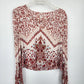 Women's white boho embroidered crop top with red and blue floral design