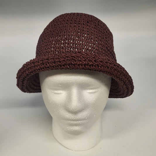 Burgundy woven cloche hat with open weave and rolled brim