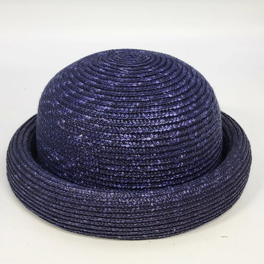 Women's purple woven straw hat with rounded crown and rolled brim