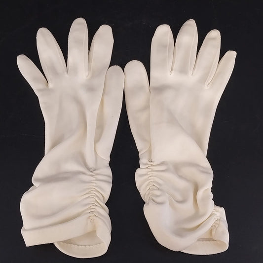 Women's white stretch dress gloves with ruched wrists and tea length design