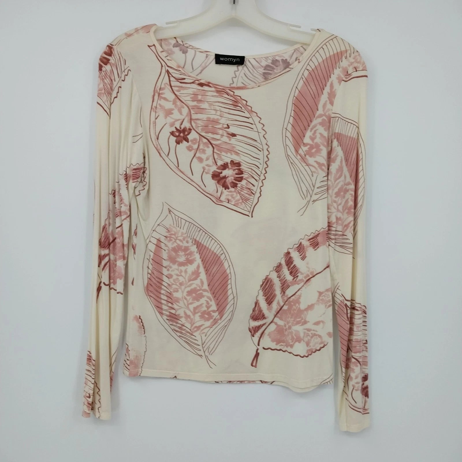 Womyn cream pink botanical print stretch knit top