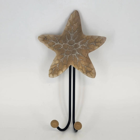 Wooden starfish wall hanger with two hooks for coastal beach decor