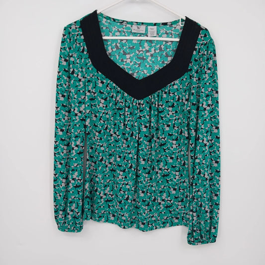 Worthington women's green V neck abstract blouse