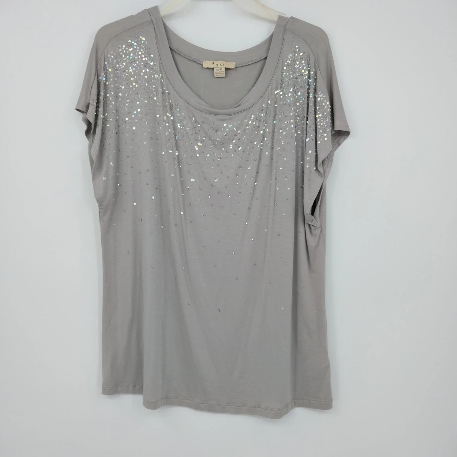 XXI gray rhinestone embellished scoop neck top