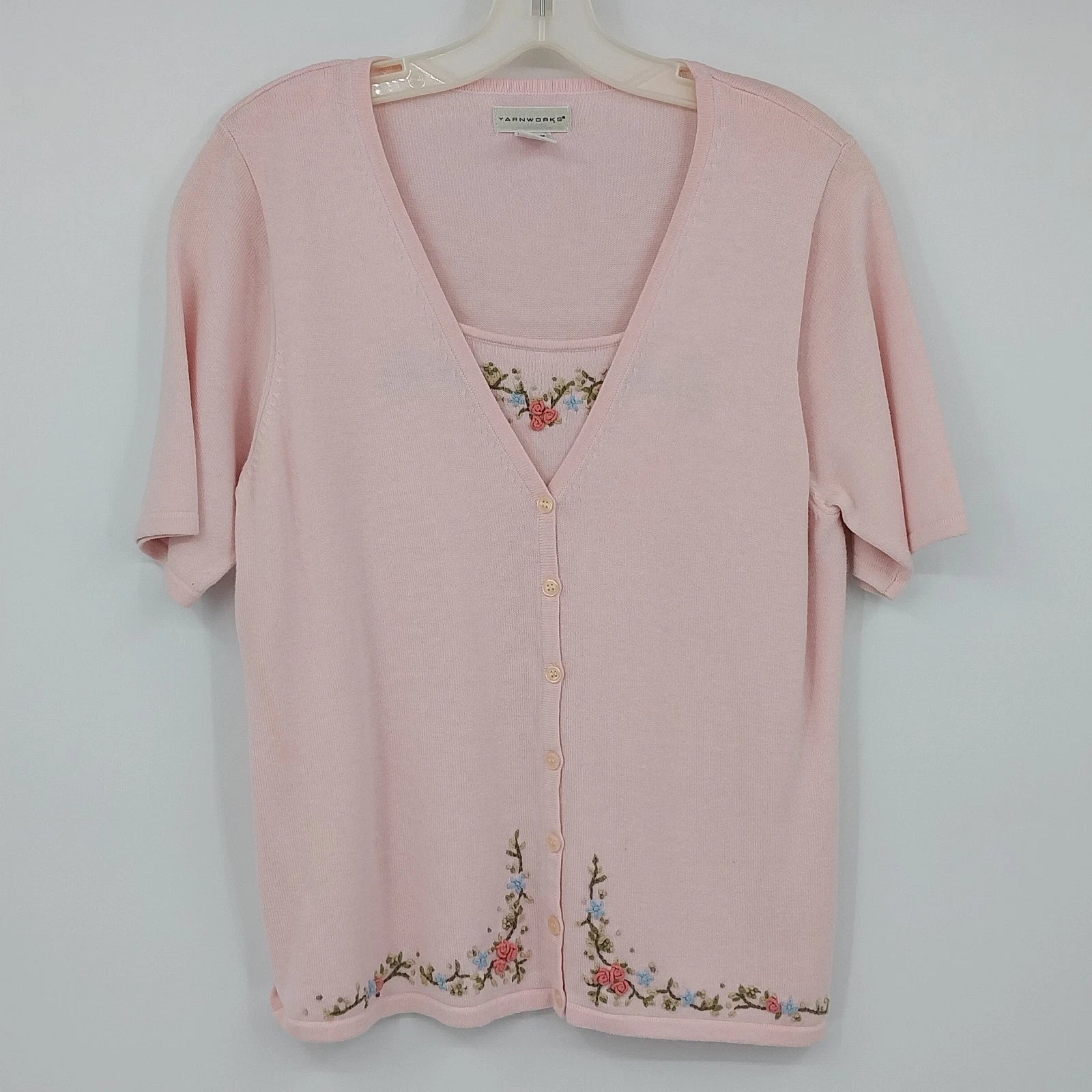 Yarnworks pink embroidered floral cardigan sweater for women medium