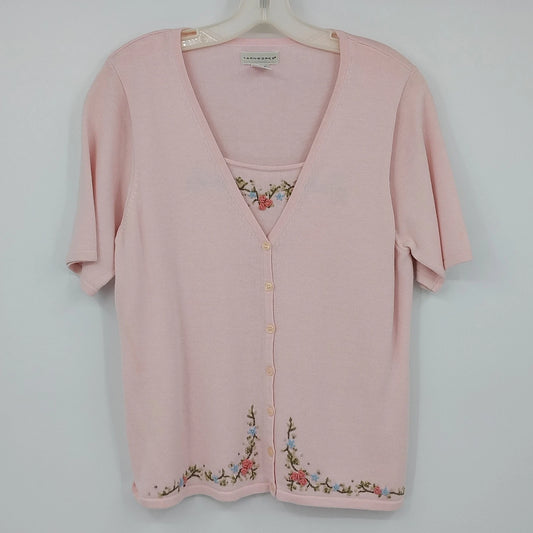 Yarnworks pink embroidered floral cardigan sweater for women medium