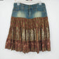 Younique denim patchwork boho midi skirt in blue and brown paisley