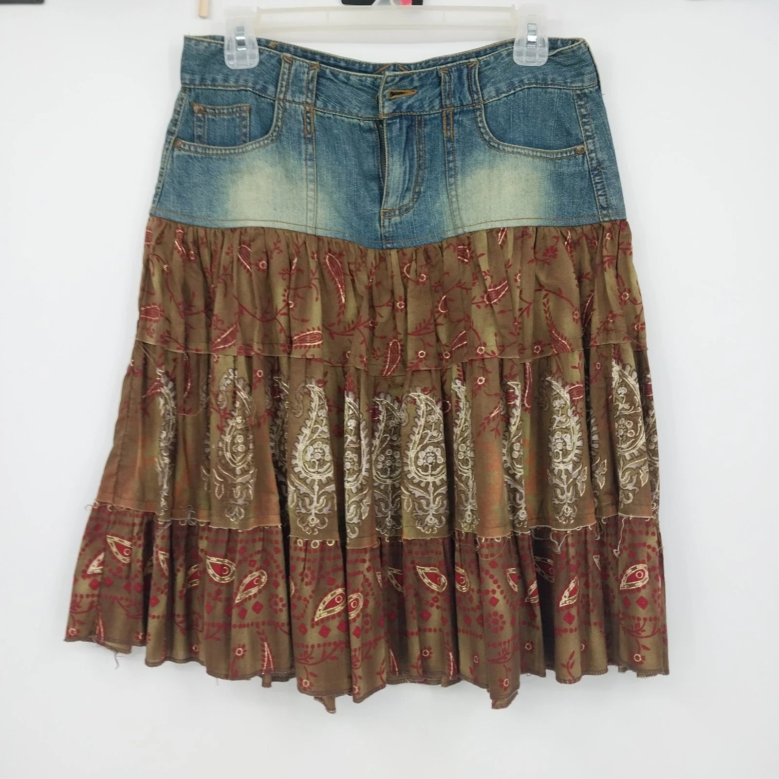 Younique denim patchwork boho midi skirt in blue and brown paisley