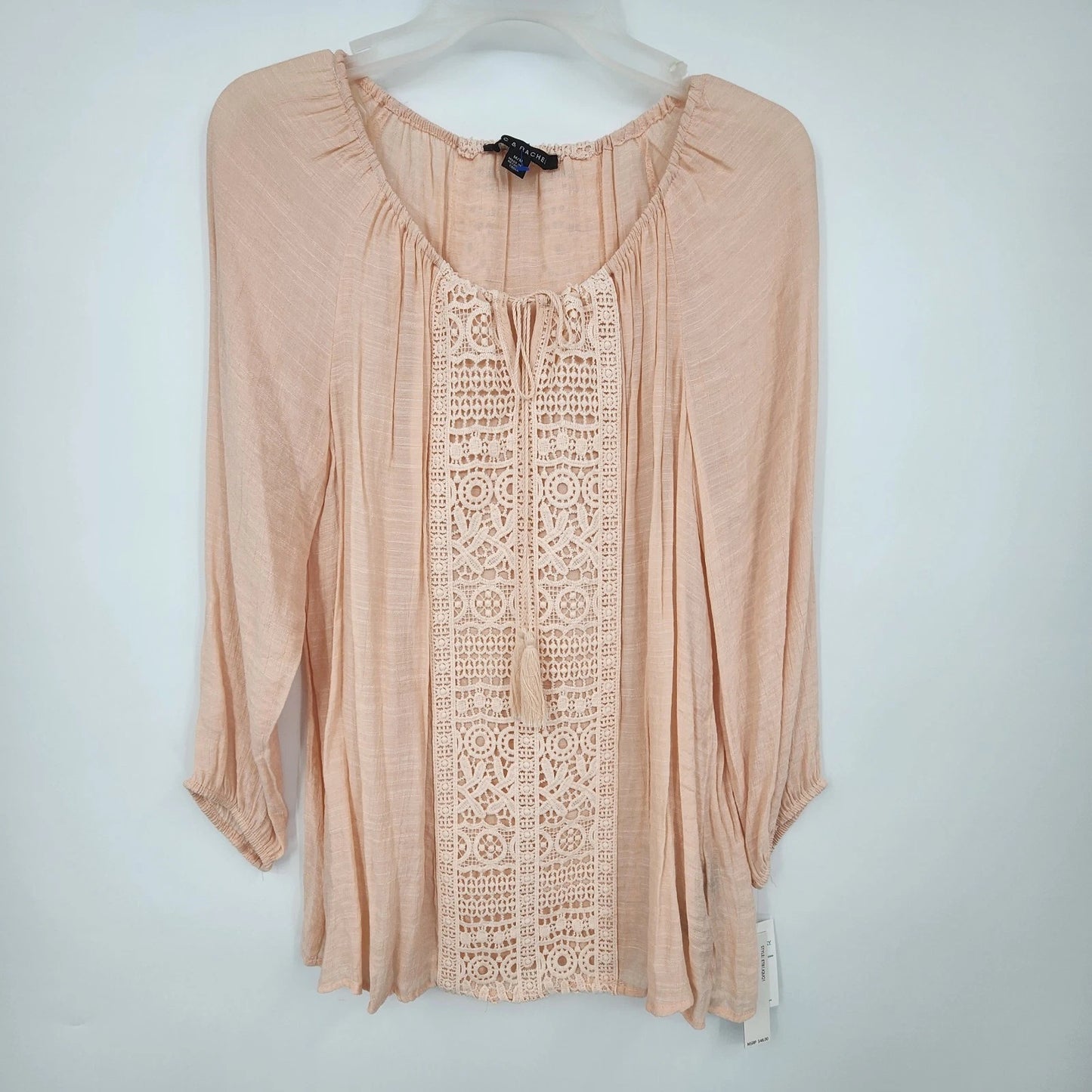 Peach Zac and Rachel boho blouse with lace detail and tie neck