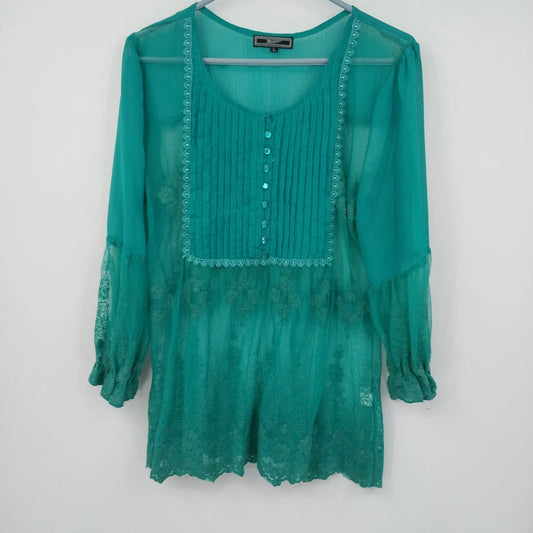 Zacin women's green long sleeve tunic blouse with lace trim in size large
