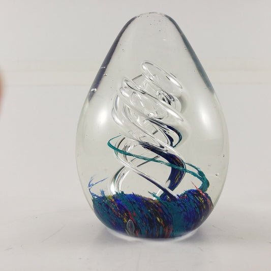 Egg Paperweight Triple Spiral Air Bubble Helix Swirl Art Glass Colors in Base