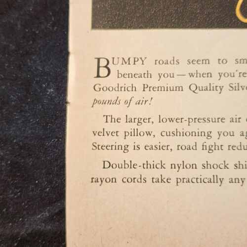 B F Goodrich Tire Rides Your Car on a Velvet Pillow 1948 Life Original Print Ad