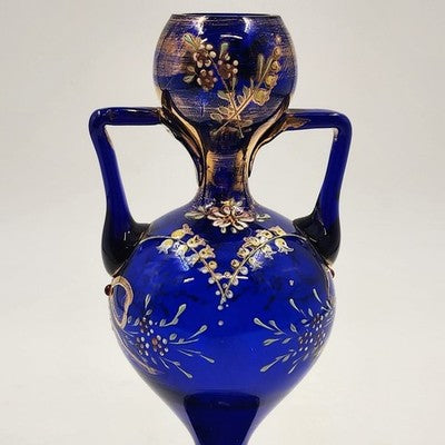 Art Nouveau Bohemian Cobalt Blue Glass Vase with Heavy Gold Gilding – 8" Tall – Dual Handles & Globe Top – Vintage European Display Piece