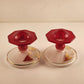 Indiana Glass Tidbit Serving Tray w Handle & 2 Candle Sticks Red White to Clear