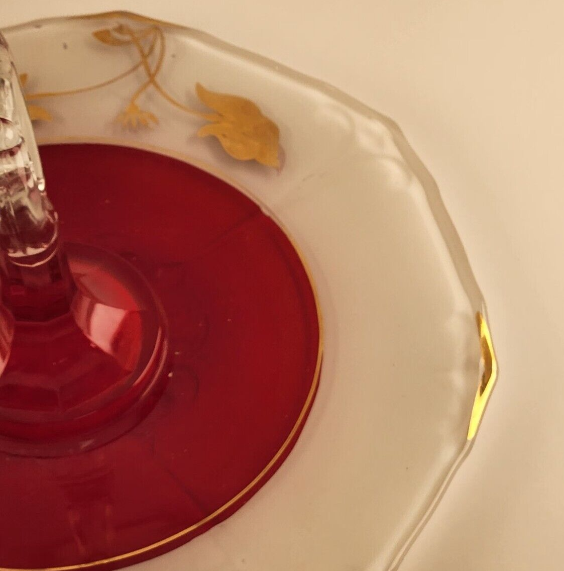 Indiana Glass Tidbit Serving Tray w Handle & 2 Candle Sticks Red White to Clear