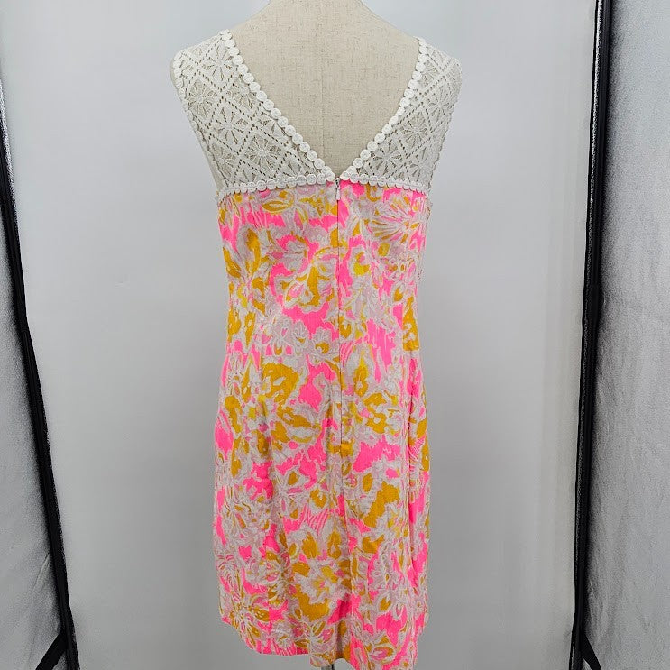 Lilly Pulitzer Sz 8 Pink White Lace Lined Back Zip Sleeveless Retro Dress