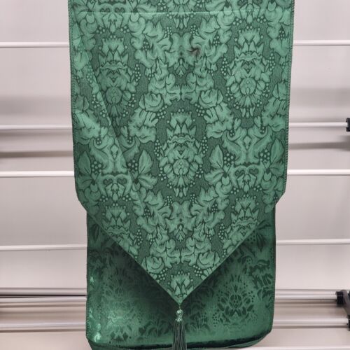 Green Linen Table Runner With Attached Tassels Minor Stain Lightly Used Vintage