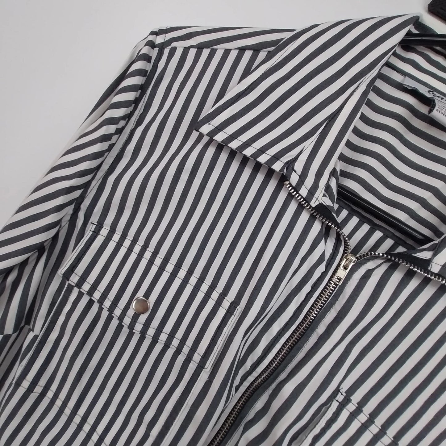 Tracy M Black White Striped Zip Front Blouse Women Large