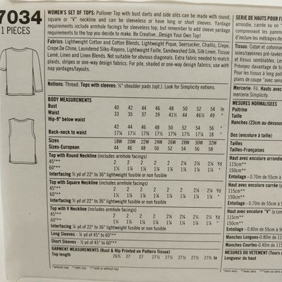 Simplicity 7034 Vtg Sewing Pattern Uncut Women's Top Full Figure 18W-24W 1996