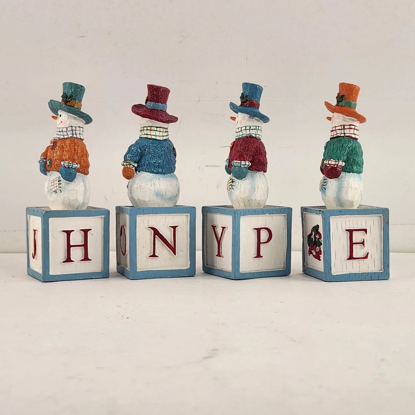 Avon Snowman Spelling Blocks 2003 Christmas Set of 8 JOY NOEL HOLY HOPE Ceramic