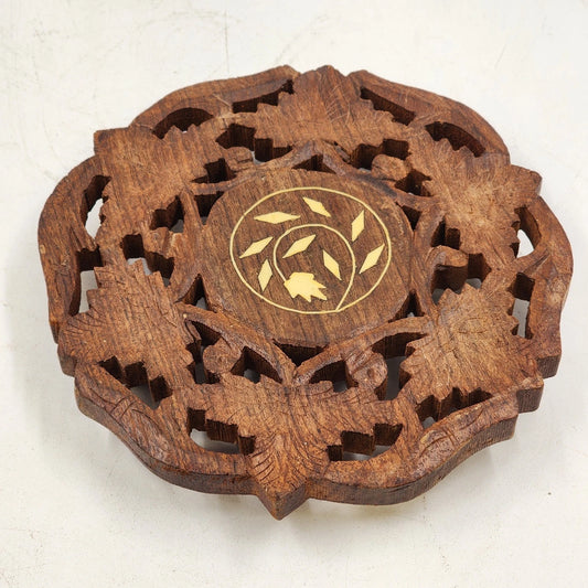 Hand Carved Wood Trivet 6" Gold Inlay Floral Design India 3 Ventilation Feet