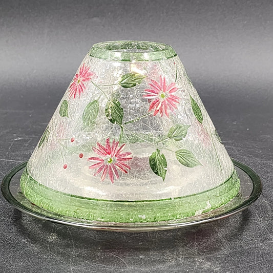 Yankee Candle Shade & Underplate Large Jar Crackle Glass Pink Flower Green Vines
