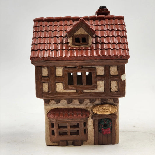 Hand Painted Illuminable Ceramic Candle Shop Christmas Village Winter Chipped