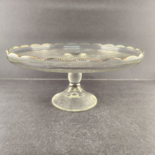 Pedestal Cake Plate Stand Harp Pattern Jeanette Glass Gold Trim 1950’s Vintage