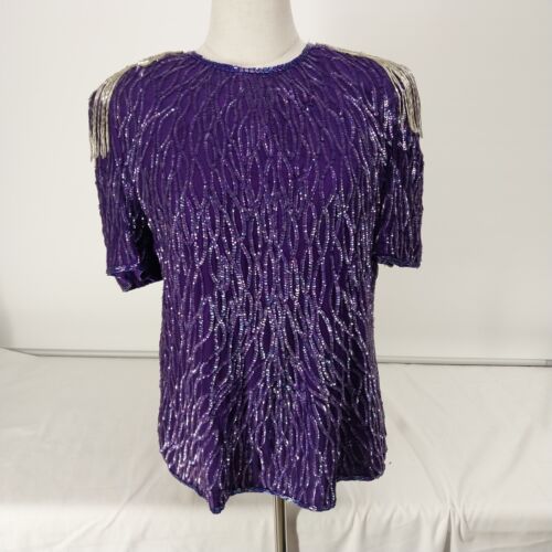 Lawrence Lazar Top Sequined Size XL Purple Silver Tasseled Shoulder Pads