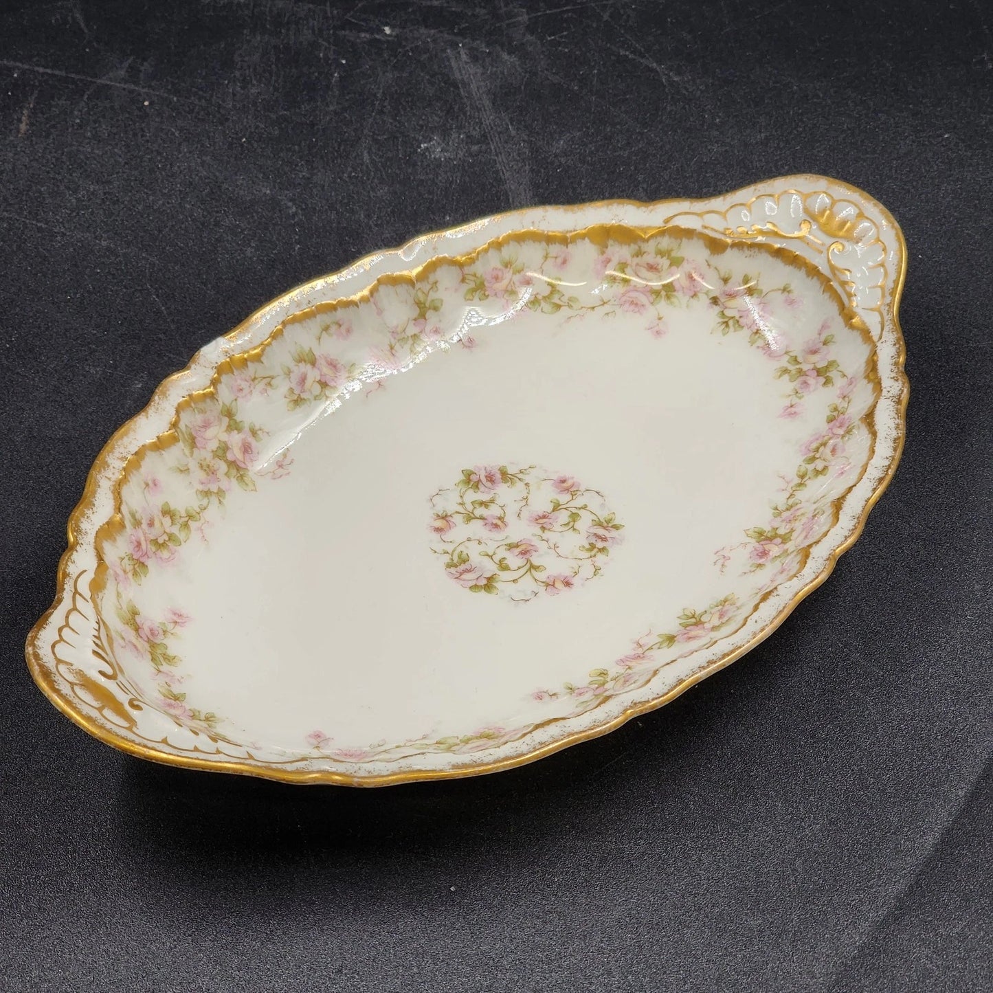 Limoges Ardennes Relish Dish 9.25" Pink Roses Gold Trim Theodore Haviland France