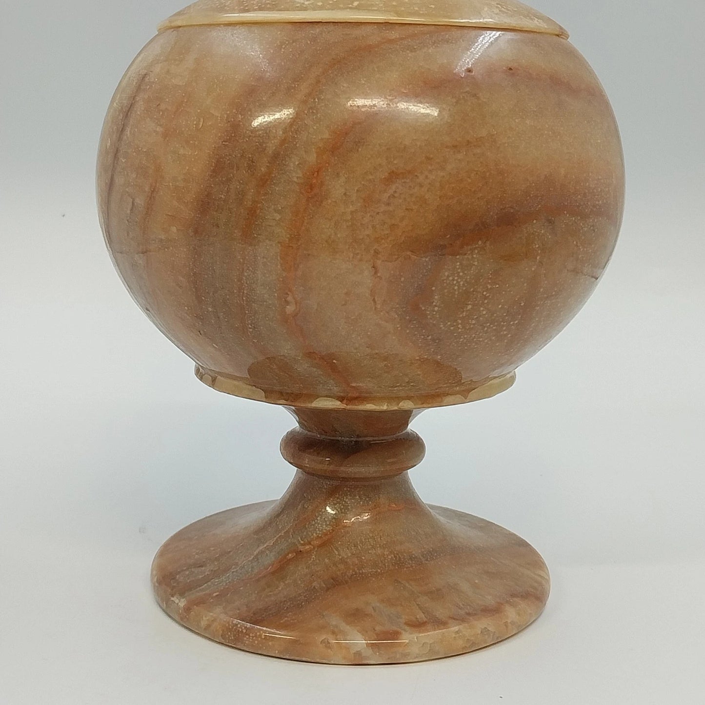 Banded Alabaster Pedestal Candy Dish Lidded Jar Cream Brown Natural Stone 9"