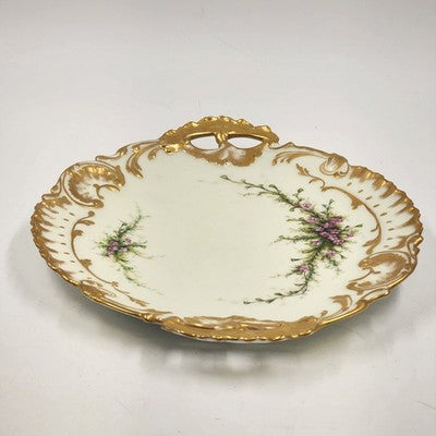 Limoges France 10.5" Round Platter Hand Decorated Floral Gold Trim Handle