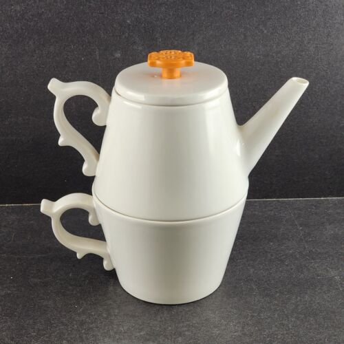 Tazo Tea Pot n Cup Nesting 4 Piece Set Including Infuser White Orange Handle NOS