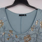 Apt. 9 Teal Gold Sequin Floral Embellished Top Women's Large Short Sleeve Blouse