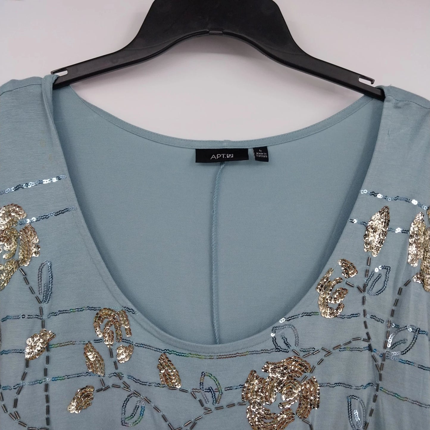 Apt. 9 Teal Gold Sequin Floral Embellished Top Women's Large Short Sleeve Blouse